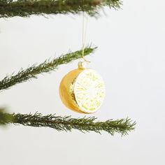 a gold ornament hanging from a christmas tree with pine needles in front of a white background