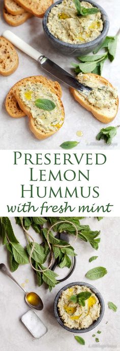 the recipe for this lemon hummus with fresh mint is ready to be eaten and served