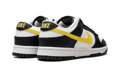 The Nike Dunk Low “Black/Opti Yellow” is a colorway of the classic basketball and lifestyle shoe with an easy-to-wear look.  Released back in 1985, the Dunk has transcended its basketball roots to become one of the most popular casual sneakers on the planet.  As for the “Black/Opti Yellow” colorway, the upper has a white leather base and black leather overlay panels.  An Opti Yellow leather Swoosh appears on both sides.  More yellow accenting is seen on the “Nike” embroidery on the heel and on t Black And Yellow Nike Shoes, Yellow Shoes Jordans, Black And Yellow Sneakers Outfit, Back 2 School Shoes, Black And Yellow Sneakers, Mizzou Outfits, Black And Yellow Shoes, Yellow Dunks, Yellow Jordans