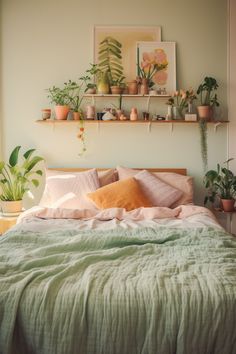 a bed topped with lots of green plants next to a shelf filled with potted plants