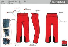 the diagram shows how to wear red pants with black piping and zippers on each side