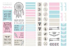 the planner stickers are pink, blue and white with arrows on them that say dream catchers