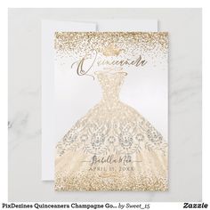 a white and gold wedding card with a dress on it