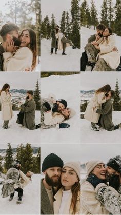 two people are hugging in the snow while one person is taking a selfie with his phone