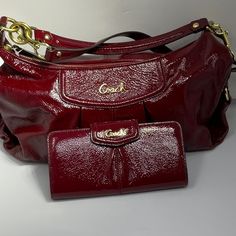 This Nwt Coach Hobo Is Done In A Shiny Crimson Leather, With Gold Hardware, The Crossbody Strap Is Included. The Coach Name Is In A Gold Metal Plate On The Front. Also Included Is The Exact Matching Coach Wallet, Which Retails For An Additional $238. Coach Retro Bags, Vintage Coach Wallet, Burgundy Bags With Interior Card Slots, 90s Bag, Vintage Coach Bag, Coach Hobo, Expensive Bag, Patent Leather Bag, Vintage Coach Bags