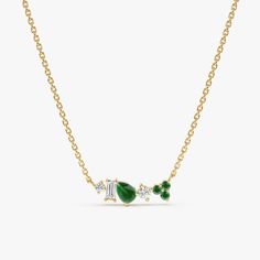 Add a touch of vibrant green to your jewelry collection with this stunning natural emerald necklace.  Crafted in 14k or 18k solid gold, it features a dazzling cluster of emeralds and mixed-cut diamonds - a perfect May birthstone gift or a luxurious treat for yourself. ✔ Handmade ✔ Solid Gold ✔ Natural Diamonds and Natural Emerald ✔ Diamond Ct Weight: 0.08ctw ✔ Emerald Ct Weight: 0.26ct ✔ Pendant Dimension:13mmx4.5mm   🛠 Your Sarah Elise piece is handcrafted with care! Ready-to-ship items go out within 3 business days. Made-to-order pieces typically take 7-10 business days to create. If you need something sooner, please contact us - we'll see if we can make it happen! For estimated shipping dates and tracking, check your Etsy account under 'Orders'. 🚐Orders under $100 are sent with USPS F Green Gemstone Diamond Necklace In Fine Jewelry Style, Fine Jewelry Green Diamond Gemstone Necklace, Green Diamond Necklace In Fine Jewelry Style, Yellow Gold Tsavorite Gemstone Necklace, Green Emerald Diamond Necklace For May Birthstone, Anniversary Green Diamond Necklace For May Birthstone, Fine Jewelry Emerald Diamond Necklace For May Birthstone, Fine Jewelry Green Emerald Necklace, Luxury Tsavorite Necklace For May Birthstone