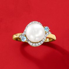 Ross-Simons - 8.5-9mm Cultured Pearl, 2.30ct t. w. White Zircon, .10ct t. w. Swiss Blue Topaz Ring Over Sterling. Size 8. Make any outfit instantly elegant with this lovely ring, featuring an 8.5-9mm cultured freshwater pearl amid 2.30 ct. t. w. round white zircon curves and heavenly .10 ct. t. w. Swiss blue topaz rounds. Crafted in polished 18kt yellow gold over sterling silver. 3/8" wide. Swiss blue topaz, white zircon and white pearl ring. Pearl birthstones are the perfect gift for June birthdays. White Pearl Ring, Swiss Blue Topaz Ring, Pearl Birthstone, Ring Pearl, Swiss Blue Topaz, Lovely Ring, Blue Topaz Ring, Topaz Ring, Pearl Ring