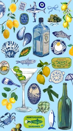 a painting of various types of alcohol on a blue background with lemons and other items