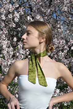 IMPORTANT ! For EXPRESS SHIPPING deliveries, please provide your PHONE NUMBER, as it is required. Limited Edition spring/summer '21 Collection ❤️ Neck scarf, a narrow silk ribbon, which you have surely seen on the photos of the style icons from the 60s. This accessory is both light and serious. Made of 100 % natural Italian silk, this accessory, which can be knotted in a thousand ways. ATTENTION: ONLY DELICATE HAND WASH MEASURES ; length of neck scarf 86 cm, width of neck scarf 5 cm silky green Elegant Green Scarves For Summer, Elegant Green Summer Scarves, Green Bohemian Scarf For Spring, Green Silk Scarves For Summer, Bohemian Green Silk Scarves, Green Silk Bohemian Scarves, Green Scarf As Spring Gift, Green Scarf For Spring Gift, Green Scarves For Spring Gift