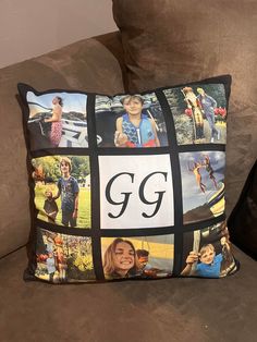 a brown couch with a pillow that has photos on it and the letter gg