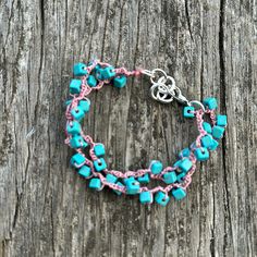 Turquoise Cube Beads Crocheted On Pink Thread With Lobster Clasp Closure. Measures Approximately 7”- 8”In Adjustable. Handmade In Maine With Bohemian Turquoise Beaded Bracelets With Dangling Beads, Silver Cuff Bangle, Pink Thread, Cube Beads, Wooden Bracelet, Jewelry Turquoise, Pandora Style, Bar Bracelets, Glass Beaded Bracelets