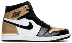 The Air Jordan 1 Retro High OG NRG ‘Gold Toe’ features a black patent leather upper with distinctive metallic gold accents on the perforated toe box . tongue branding . and the heel panel. The high top also boasts a white side panel which extends from the midfoot to the heel . and a white rubber midsole. Other details include suede accents on the lacing structure . large Swoosh branding . and a tonal black outsole. Louis Vuitton Bumbag, Louis Vuitton Backpack, 3 Shoes, Air Jordan Sneakers, Jordan 2, Air Jordan 1 Retro High Og, Sneaker Release, Air Jordan 1 Retro High, Gold Top