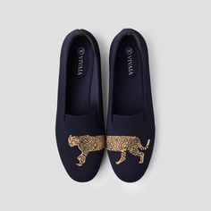 Audrey Round-Toe Patterned Loafers for Bunions in Navy-Cheetah Cindy Hattersley, Embroidered Loafers, Sustainable Shoes, Leopard Black, Comfortable Pillows, Denim Chic, Soft Shoes, Pointed Heels, Toe Designs