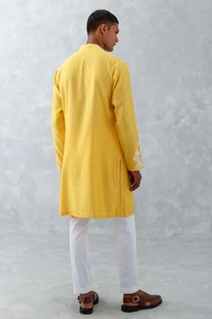 Shop for Devnaagri Yellow Woven Chanderi Placement Embroidered Kurta With Pant for Men Online at Aza Fashions Spring Kurta With Embroidered Cuffs And Long Sleeves, Spring Long Sleeve Kurta With Embroidered Cuffs, Yellow Kurta With Floral Embroidery And Long Sleeves, Yellow Long Sleeve Kurta With Floral Embroidery, Designer Long Sleeve Yellow Sherwani, Cotton Kurta With Embroidered Sleeves For Festivals, Designer Long Sleeve Kurta With Embroidered Cuffs, Cotton Traditional Wear With Embroidered Sleeves, Festival Cotton Kurta With Embroidered Sleeves