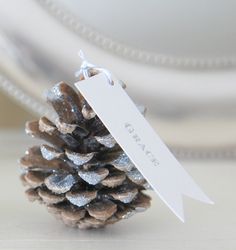 a close up of a pine cone with a price tag attached to the top, on a white surface