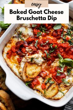 baked goat cheese bruschetta dip in a white casserole dish