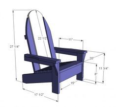 a blue wooden chair with measurements for the seat