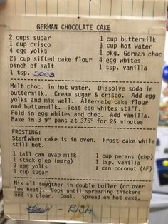 a piece of paper that has some type of chocolate cake on it with instructions for the recipe