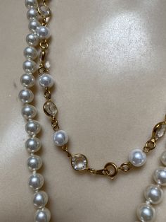 "Instant faux pearl collection to wear together or to 'rearrange' with your own gold hoops or pearl studs. Faux pearls are not bright white but a classic candlelit white, so popular in classic pearl strands. No names on these items but they speak for themselves. The longest pearl strand measures 28\" with a goldtone etched slide insert clasp. Long enough to put over your head without even using the clasp. Knotted between each bead so the strand lays smoothly without any stiffness. Also, the pear Pearl Pendant Costume Jewelry, Costume Jewelry Pearl Pendant, Double Strand Pearl Embellished Jewelry, Pearl White Pearl Costume Jewelry Necklace, Pearl White Costume Jewelry Pearl Necklace, Vintage Pearl White Pearl Chain Jewelry, White Double Strand Pearl Jewelry, Costume Jewelry With Pearl Drop, Pearl Drop Costume Jewelry