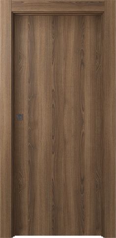 a wooden door with a metal handle on the top and bottom panel, in dark brown wood