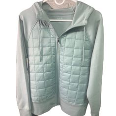 Size Large Nwt Sleeves Are Hoodie Material Hooded Casual Quilted Hooded Jacket With Long Sleeves, Green Fleece Outerwear For Spring, Casual Quilted Hooded Jacket For Spring, Spring Athleisure Long Sleeve Puffer Jacket, Spring Long Sleeve Athleisure Puffer Jacket, Casual Quilted Winter Tops, Casual Winter Quilted Tops, Navy Girls, Green Spring