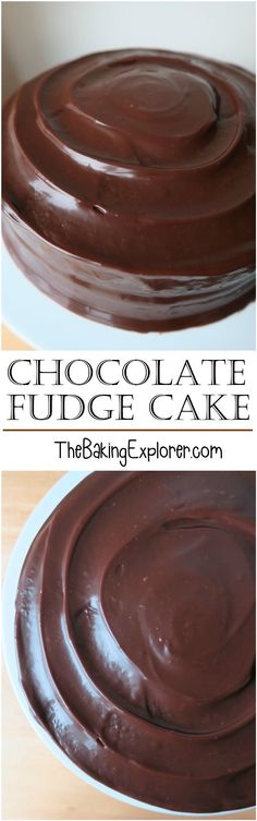 the chocolate fudge cake is ready to be cut into pieces and put on plates