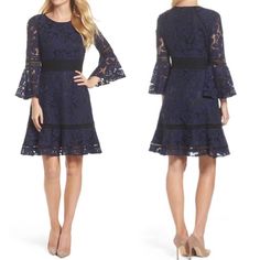 Eliza J Navy Blue And Black Bell Sleeve Lace Dress Nwot New Without Tag, Never Been Worn! Fully Lined (Except Sleeves) Perfect Party Or Event Dress! Size 14 Approximate Measurements (Laying Flat) Across Underarms 19” Waist 17.5” Length (Top Of Shoulder To Bottom Hem) 39” Sleeve Length 21” Elegant Midi-length Nordstrom Dress, Elegant Midi Length Nordstrom Dress, Nordstrom Fitted Knee-length Dress, Elegant Fitted Nordstrom Dress, Elegant Navy Dress For Brunch, Fitted Mini Length Dresses By Nordstrom, Fitted Mini Dress By Nordstrom, Fitted Mini Length Nordstrom Dress, Nordstrom Fitted Mini Length Dresses