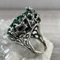 Big branch ring, Raw malachite ring sterling silver, large crystal ring, Green druzy ring, Twig ring for women, made in Armenia All our jewelry is made of high-quality sterling silver and is stamped with a 925 stamp 【FULL DETAILS】 ► Gemstone: raw malachite ► RING SIZE: any size available ► WEIGHT: 19.5 gr ⦿ Attention: The color of the stones may differ due to a difference between monitors ◦* ◦* ◦* ◦* ◦* ◦* ◦* ◦* ◦* ◦* ◦* ◦* ✔️ Please, view my store policies before buying this item here. https:// Silver Malachite Gemstone Ring, Elegant Malachite Ring Jewelry, Silver Malachite Rings As Gift, Fine Jewelry Silver Emerald Cluster Ring, Unique Emerald Ring Jewelry, Handmade Silver Malachite Rings, Silver Round Malachite Jewelry, Handmade Malachite Ring Jewelry, Handmade Malachite Ring