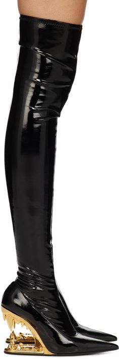 Over-the-knee stretch vinyl boots in black. · Pointed toe · Zip closure with logo charm at inner side · Leather insole · Graphic plastic wedge heel · Stacked leather sole with rubber injection · Heel: H4.3 in Supplier color: Gold Vinyl Boots, Knee Stretches, Tall Boots, Boot Shoes Women, Over The Knee, Wedge Heels, Apparel Accessories, Shoe Boots, Women Wear