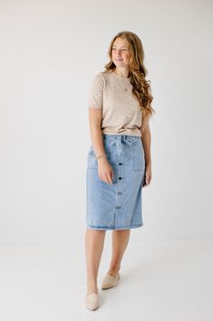 'Cassidy' Button Down Tie Waist Denim Skirt in Light Wash Summer Knee-length Denim Skirt For Work, Summer Workwear Knee-length Denim Skirt, Chic Denim Skirt With Button Closure For Day Out, Casual Denim Skirt With Button Closure For Work, Spring Denim Skirt With Button Closure For Day Out, Summer Workwear Denim Skirt With Button Closure, Day Out Medium Wash Skirt With Button Closure, Medium Wash Buttoned Denim Skirt For Work, Medium Wash Denim Skirt With Buttons For Work