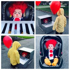 there are four pictures of clowns in the street and one has a red balloon