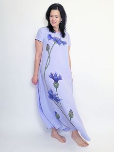 Hand painted cornflower maxi loose washed linen dress with pockets, Lilac blue long linen dress with short sleeves, MaTuTu Linen Style Short Sleeve Linen Maxi Dress For Daywear, Casual Linen Maxi Dress With Short Sleeves, Casual Flax Short Sleeve Dress, Short Sleeve Lavender Maxi Dress For Spring, Blue Linen Maxi Length Dress For Spring, Blue Linen Maxi Dress For Spring, Blue Maxi Linen Dress For Spring, Beach Dress In Flax With Short Sleeves, Flax Short Sleeve Summer Dress