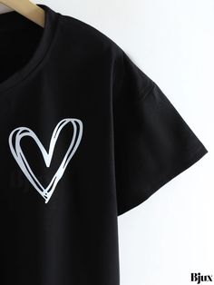 Bjux - Womens Summer Tops: Heart Graphic Cropped Sports Top, Round Neck Short Sleeve T-shirts Trendy Black T-shirt With Heart Print, Summer Tops With Heart Graphic And Crew Neck, Casual Short Sleeve T-shirt With Heart Print, Casual Heart Print T-shirt For Streetwear, Cotton Heart Print T-shirt For Streetwear, Casual Short Sleeve Tops With Heart Graphic, Trendy Crew Neck Top With Heart Graphic, Black Trendy T-shirt With Heart Print, Graphic Tee With Heart Graphic For Streetwear