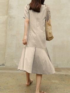 Cotton Solid Ruffle Short Sleeve Round Neck Casual Midi Dress Elegant Non-stretch Dress With Ruffle Hem, Short Sleeve Dresses With Layered Hem, Beige Short Sleeve Midi Dress With Ruffles, Spring Tiered Dress With Pockets, Beige Midi Dress With Ruffles And Short Sleeves, Casual Dress With Pleated Hem, Casual Spring Dress With Pleated Hem, Casual Midi-length Dress With Pleated Hem, Casual Midi Dress With Pleated Hem