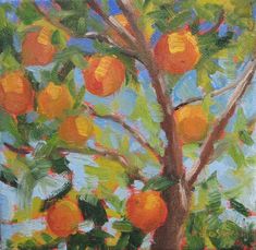 an oil painting of oranges growing on a tree