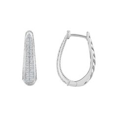 These gorgeous 14k gold diamond tapered hoop earrings are the perfect way to finish any outfit. These gorgeous 14k gold diamond tapered hoop earrings are the perfect way to finish any outfit. Length: 3/4" Backings: click-it Metal: 14k gold Plating: rhodium Finish: polished Packaging: boxedDIAMOND DETAILS Total weight: 1/2 ct. Shape: round brilliant Setting: micro prong Diamond weights are approximate. Diamond total weights may vary between .01 and .08 ct. Some diamonds have fewer than 17 facets. Classic Diamond Earrings With Pave Setting, Classic Diamond Huggie Earrings With Pave Setting, Classic Diamond Hoop Earrings With Single Cut Diamonds, Formal 14k White Gold Diamond Earrings With Accents, Classic Diamond White Huggie Earrings With Pave Setting, Timeless Diamond Hoop Earrings In Diamond White, Timeless Diamond White Diamond Hoop Earrings, Elegant Diamond Hoop Earrings With Pave Setting, Classic White Gold Huggie Earrings With Diamond Accents