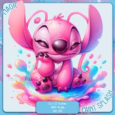 a pink cartoon character sitting on top of a blue and purple liquid covered ground with its eyes closed