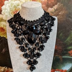 One Of The Kind Black Color Lace Necklace, Hand Made , 12 Inch Long Around Neck + 11.5 Inch Long Black Ribbon On Each Side . 7 Inch Long . All Black Round Beats Are Attached To Lace , Bigger Stones Are Glued . New , No Tag .