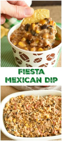 mexican dip recipe in a white bowl with tortilla chips on top and the title above it reads fiesta mexican dip