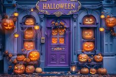 a purple building with carved pumpkins on it's front door and lights in the windows