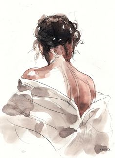 a drawing of a woman in a white dress with her back turned to the camera