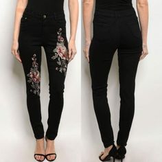 Mid Rise Skinny Fit Jeans That Features Floral Embroidery Details Along The Pant Leg. Fabric Content: 100% Cotton Description: L: 42″ W: 26″ I.S.: 30″ Fitted Floral Embroidery Pants For Fall, Stretch Floral Embroidered Bottoms, High Waist Embroidered Fitted Pants, Spring Embroidered Black Pants, Fall Embroidered Fitted Pants, Spring Black Embroidered Pants, Fitted Embroidered Black Bottoms, Embroidery Details, Price Drop