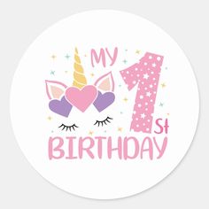 a pink unicorn birthday sticker with the number one on it's face and stars