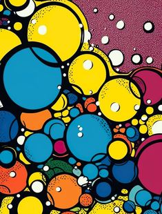 an abstract painting with lots of bubbles and dots on it's surface in bright colors