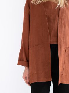 SELBY Linen Jacket for Women / Linen Blazer in Rust / Linen | Etsy Brown Linen Blazer With Pockets, Everyday Linen Outerwear With Patch Pockets, Everyday Open Front Outerwear With Pockets, Relaxed Fit Open Front Outerwear For Work, Brown Outerwear With Pockets For Daywear, Relaxed Fit Open Front Workwear Outerwear, Casual Brown Linen Blazer, Everyday Linen Outerwear With Welt Pockets, Spring Workwear Cardigan With Patch Pockets