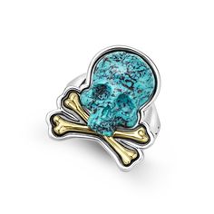 Intricately crafted turquoise gemstone and 18K gold skull and bones motif ring surrounded by sterling silver. Gold Skull, Skull And Bones, Turquoise Gemstone, Statement Ring, Mens Gifts, Statement Rings, Bones, 18k Gold, Turquoise