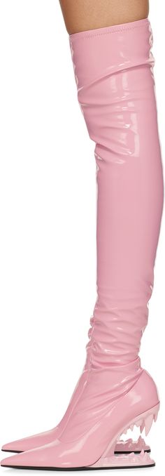 Over-the-knee stretch vinyl boots in pink. · Pointed toe · Zip closure with logo charm at inner side · Leather insole · Graphic plastic wedge heel · Stacked leather sole with rubber injection · Heel: H4.3 in Supplier color: Cradle pink Gcds Boots, Vinyl Boots, Knee Stretches, Pink Accessories, Pink Heels, Tall Boots, Curator Style, Boot Shoes Women, Over The Knee Boots