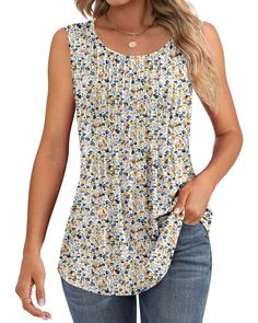 PRICES MAY VARY. Slim Fit Features: this women's summer sleeveless blouse features a crew neck design with pleats on the front; A pleated design in the middle tightens the waist and hides the belly, creating a slimming effect suitable for any body type; The length of this basic tank top is enough to cover your tummy and bum; Upgrade your summer wardrobe with these casual yet dressy tops and celebrate summer in style Stretchable Material: this crew neck tank top for women is made from 60% polyest Printed Sleeveless Casual Tank Top, Casual Printed Sleeveless Tank Top, Casual Sleeveless Printed Tops, Sleeveless Printed Summer Tops, Printed Sleeveless Tops For Spring, Printed Sleeveless Spring Tops, Printed Tank Top For Spring, Summer Vacation Blouse With Crew Neck, Crew Neck Summer Blouse For Vacation