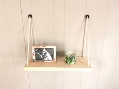 a shelf with two pictures on it and a potted plant