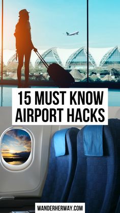 an airplane with the words 15 must know airport hacks